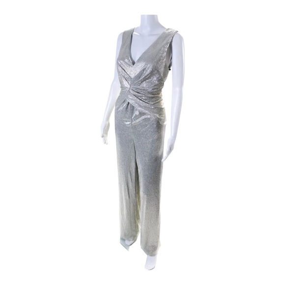 ADRIANNA PAPELL Metallic Silver Twist Front Sleeveless Jumpsuit Size 10 NWT - Picture 10 of 13